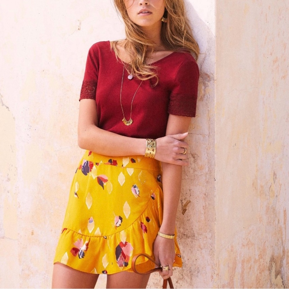 Sézane Cassi marigold yellow ruffle mini skirt